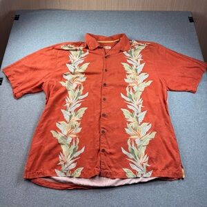 Tommy Bahama 100% Silk Hawaiian Aloha Palm Print Textured Button Up Orange 3XLT